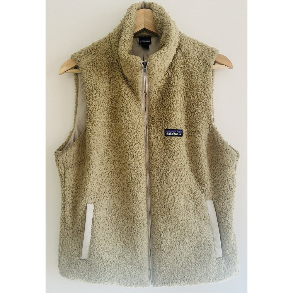 Patagonia Women Vest Beige Los Gatos Sherpa Full Zip Pockets Mock Neck Sz Large